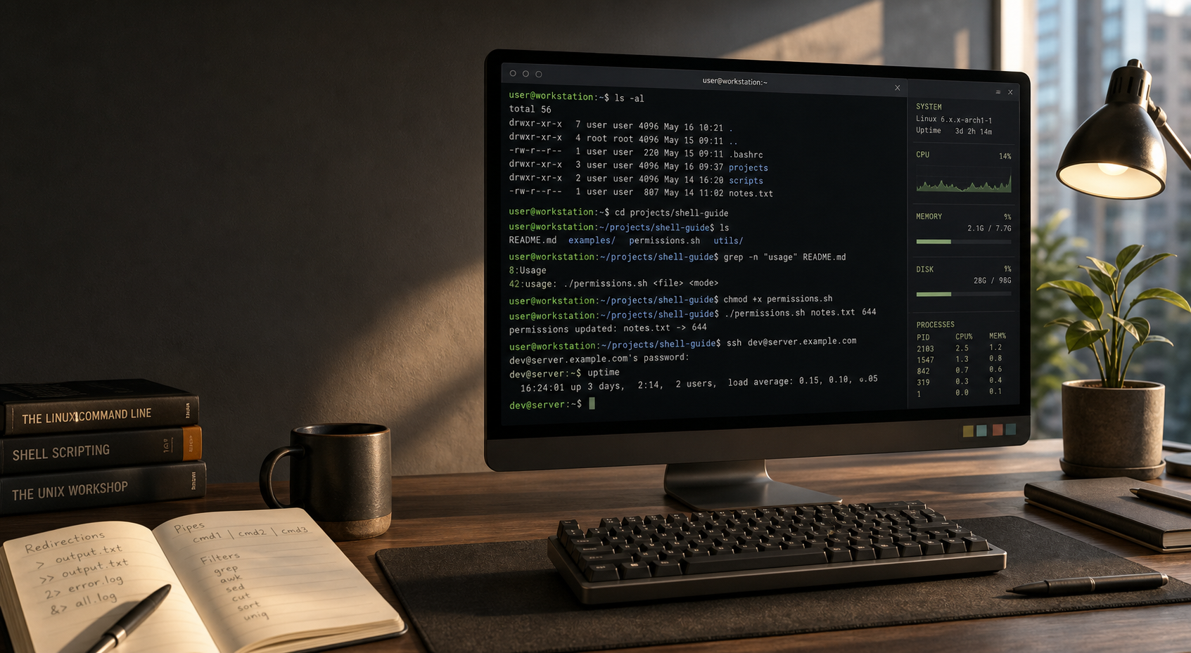 A Linux terminal on a modern workstation desk